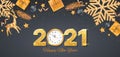 2021 Happy New Year. Golden Numbers with sequins and wall clock. Banner, flyer, card with golden snowflakes with confetti, gift Royalty Free Stock Photo