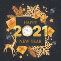 2021 Happy New Year. Golden Numbers with sequins and wall clock. Greeting Background. Xmas card with golden snowflakes with confet Royalty Free Stock Photo