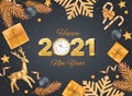 2021 Happy New Year. Golden Numbers with sequins and wall clock. Greeting Background. Xmas card with golden snowflakes with confet Royalty Free Stock Photo