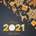 2021 Happy New Year. Golden Numbers with sequins and wall clock. Greeting Background. Xmas card with golden snowflakes with confet Royalty Free Stock Photo