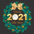 2021 Happy New Year. Golden Numbers with sequins and wall clock. Wreath with golden balls and bow Royalty Free Stock Photo