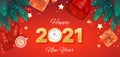 2021 Happy New Year Merry Christmas Background, banner, flyer, card. Holiday vector with Christmas tree branches, gift boxes Royalty Free Stock Photo