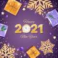 2021 Happy New Year Merry Christmas Background, banner, flyer, card. Holiday vector with snowflakes with gold confetti, gift boxes Royalty Free Stock Photo