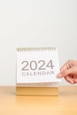 2024 Year Calendar on table background. Happy New Year, Resolution, Goals, Plan, Action, Mission and financial Concept