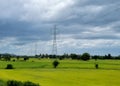 The 230kV transmission line towers on a rice field in the countryside Royalty Free Stock Photo