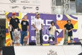 24 september 2023, Almada, Portugal - center of city - a group of teen boys skaters standing on a ramp and waiting a Royalty Free Stock Photo