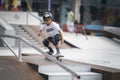 24 september 2023, Almada, Portugal - center of city - Little boy skater jumping on rail