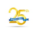 25th golden Anniversary logo with blue ribbon isolated on white background