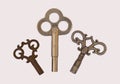 3 three skeleton antique clock keys isolated