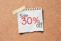 30% sale off promotion paper post on Cork Board