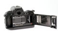 35mm camera with film door open Royalty Free Stock Photo