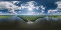 360 hdri panorama aerial view over lake among forest in equirectangular seamless spherical projection with zenith and nadir,