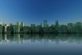 3d city skyline with green reflective building