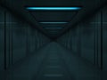 3d Dark corridor with blue lamps on ceiling