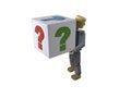 3D figure carrying a box with question mark