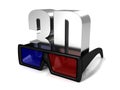 3d glasses and 3d metal symbol text on white