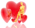 3d golden virtual girl with red hearts background