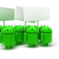 3D green androids on strike caricature