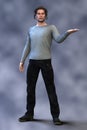 3D handsome man wearing long sleeved tee shirt and jeans standing with his left arm outstretched in a mage or magician pose