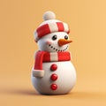 3D illustration of cute cartoon snowman with scarf, hat and carrot nose, winter theme, isolated