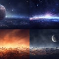 3d illustration of a set of four backgrounds with space and planets generative AI Generative AI Royalty Free Stock Photo