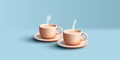 3d illustration of two coffee or tea cup with saucer, hot autumn beverage with steam, isolated couple