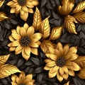 3d illustration of yellow flowers and black leaves in seamless pattern background Generative AI Royalty Free Stock Photo