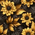 3d illustration of yellow flowers over black background, floral seamless pattern Generative AI Royalty Free Stock Photo