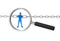 3d man holding a chain together in the magnifier Royalty Free Stock Photo