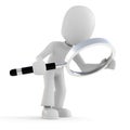 3d man holding a magnifier glass isolated on white