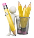 3D Man leaning on pencil holder Royalty Free Stock Photo