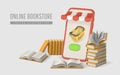 3d online bookstore. Smartphone with striped shop canopy and books. Modern online shopping, application for smartphone. Vector