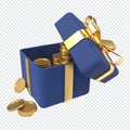 3D open gift box with golden coins and ribbon. Money prize reward. Earn point and get rewards. 3D rendering