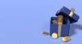3D open gift box with golden coins and ribbon. Money prize reward. Earn point and get rewards. 3D rendering