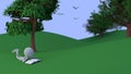 3d person reads a book under a tree in a valley