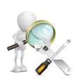 3d person watching a screwdriver and a wrench with a magnifying Royalty Free Stock Photo
