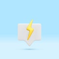 3d realistic speech bubble with thunder bolt isolated on blue background. Flash lightning for online social communication on