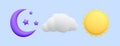 3d realistic weather icons set isolated on blue background. Violet crescent moon with stars, cloud and yellow sun in cartoon stile