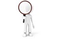 3d red man holding a magnifier glass