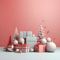 3d render of christmas background with gift box and christmas tree. AI Generative.