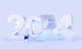 3d render glass transparent clear 2024 numbers, ice figures on blue background. Crystal typography, font with hologram