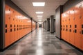 3d render of a school corridor with orange lockers in it, An empty high school corridor interior view with lockers , AI Generated