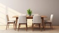 3D render set of 4 empty blank picture frames on warm beige wall with wooden dining table with contemporary vintage chairs and