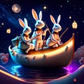 3D Render of Three Rabbits Riding a Boat on the Moon Generative AI