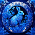 3D rendering of a Chinese paper-cut art in blue with a rabbit generative AI Royalty Free Stock Photo