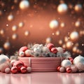 3D rendering Christmas background with red and white baubles. AI Generative.