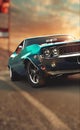 3D rendering of a classic american muscle car in the sunset