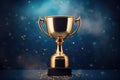 3d rendering gold trophy cup on dark blue background with dust particles, Champion golden trophy with gold stars on blue dark