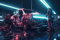 3d rendering of a group of auto mechanics working in a garage, Futuristic AI robot mechanic repairing cars, AI Generated Royalty Free Stock Photo