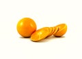 3D rendering image of orange fruit and pieces of orange fruit